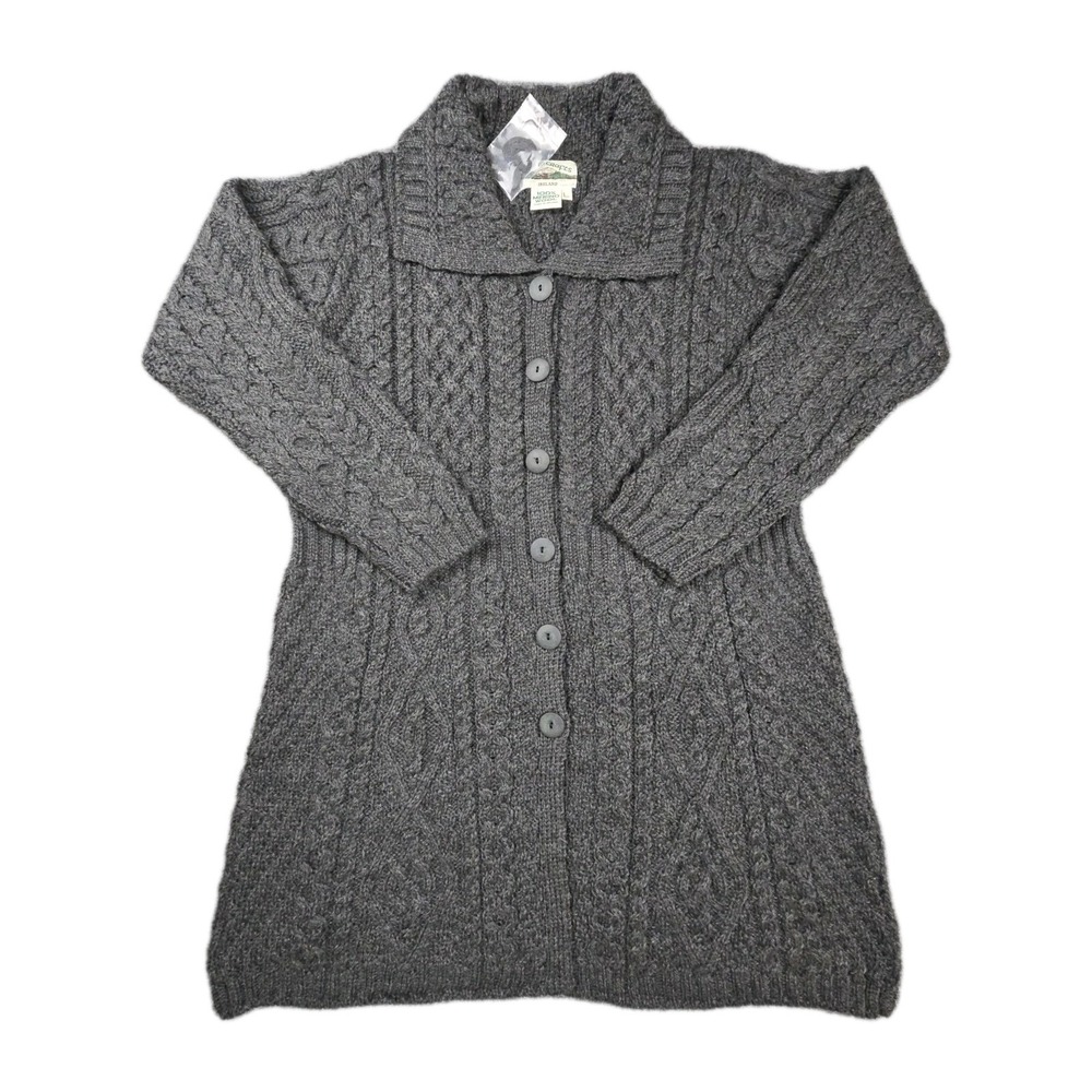 Aran Crafts Merino Wool Cable Knit Cardigan Womens‎ L Long Gray Ireland NWT